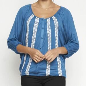 Batwing Style Top Embroidery Blue